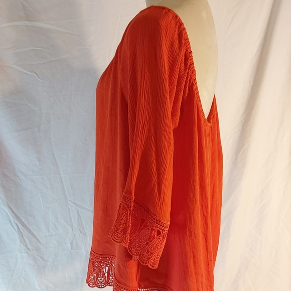 Cato Women Plus Crocheted Trim Top. Orange on or off shoulder Top - Picture 5 of 9